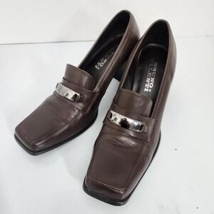 Bruno Valenti Nolan Square Toe Block Heel Loafer Pumps Dark Brown Leather 10M